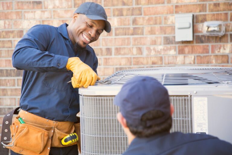 Two HVAC technicians in uniforms work on an outdoor air conditioning unit next to a brick wall; one is smiling while using a screwdriver. The Bee